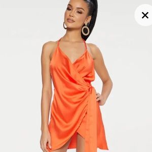 Orange Satin Halterneck wrap bodycon dress